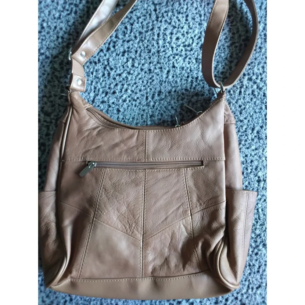 Genuine Cowhide Leather Shoulder Bag Tan Brown Multi Pocket Hobo Purse